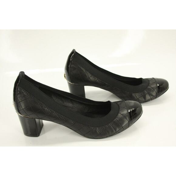 Tory Burch Black Leather Carrie Cap Toe Ballet Heels Pumps Size 7.5 Logo - Picture 4 of 12